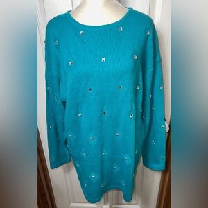 Cervelle Vintage Sweater Embellished Bling Jewel Turquoise Blue Art Deco Size S